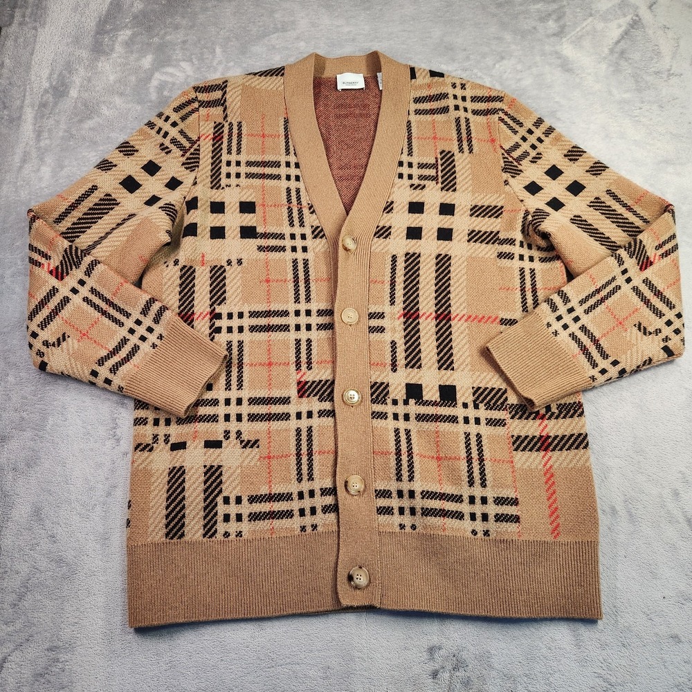 Burberry London England Plaid Check Cashmere Cardigan Sweater Medium M Tan Black